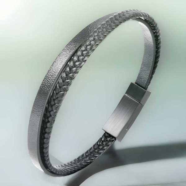 Pulsera de hombre de cuero trenzado negro de doble línea con cierre de acero