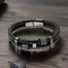 Men's Braided Leather Black Double Cords Stainless Steel Magnetic Clasp Bracelet