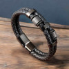 Men's Braided Leather Black Double Cords Stainless Steel Magnetic Clasp Bracelet