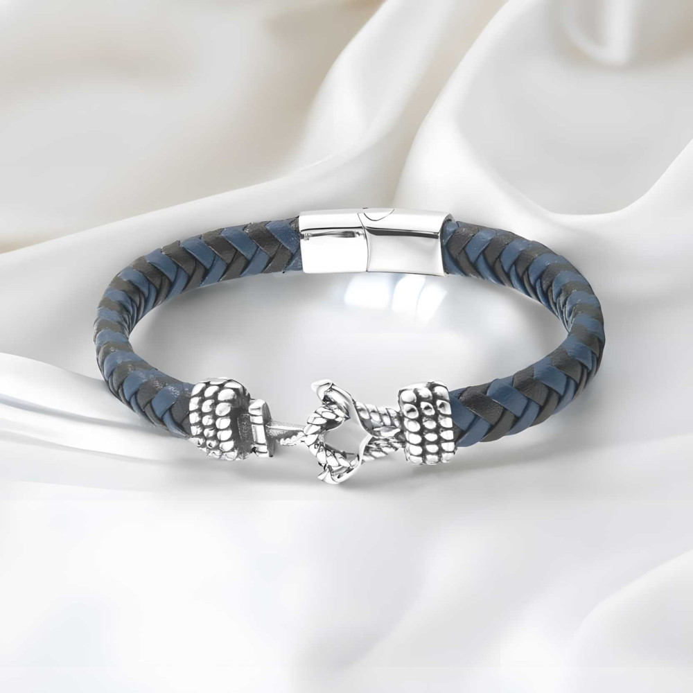 Bracelet homme cuir ancre acier fermoir aimante