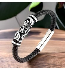 Bracelet homme cuir tresse noir tete de mort fermoir acier