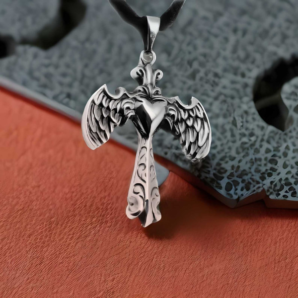 Men s Stainless Steel Wings Cross Heart Pendant 1846