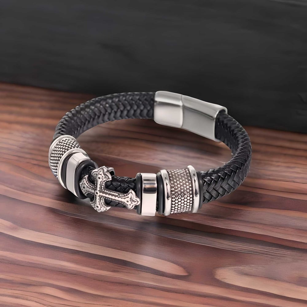Bracelet Homme Double Cordon Cuir Tressé Acier - Fermoir Crochet 21cm