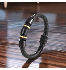 Men's Black Braided Leather Bracelet With Stainless Steel Clasp