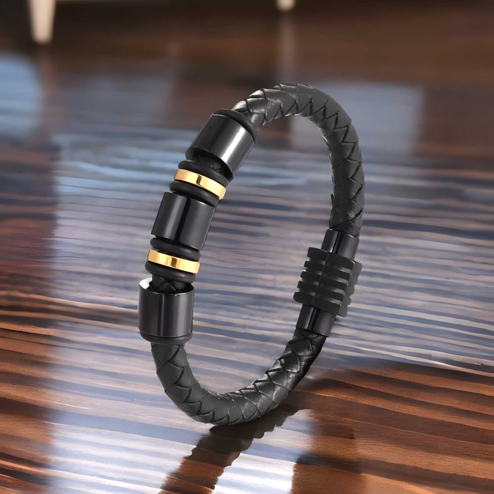 Men's Black Braided Leather Bracelet With Stainless Steel Clasp