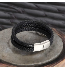 Men's Multi Cords Black Leather Bracelet Stainless Steel Clasp