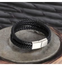 Pulsera de hombre de piel trenzada con múltiples cintas y cierre magnético de acero