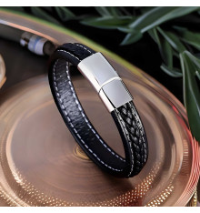 Tweekleurige gevlochten leren herenarmband met zwarte stalen sluiting