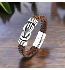Bracelet homme cuir tresse noir noeud marin fermoir acier