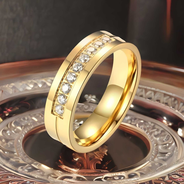 Anillo de pareja de acero chapado en oro circonio grabado personalizable