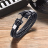 Bracciale da uomo con cordini in cuoio intrecciato nero e ancora in acciaio