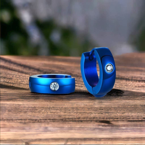 Orecchini da uomo in acciaio con zirconio piatto blu - paio
