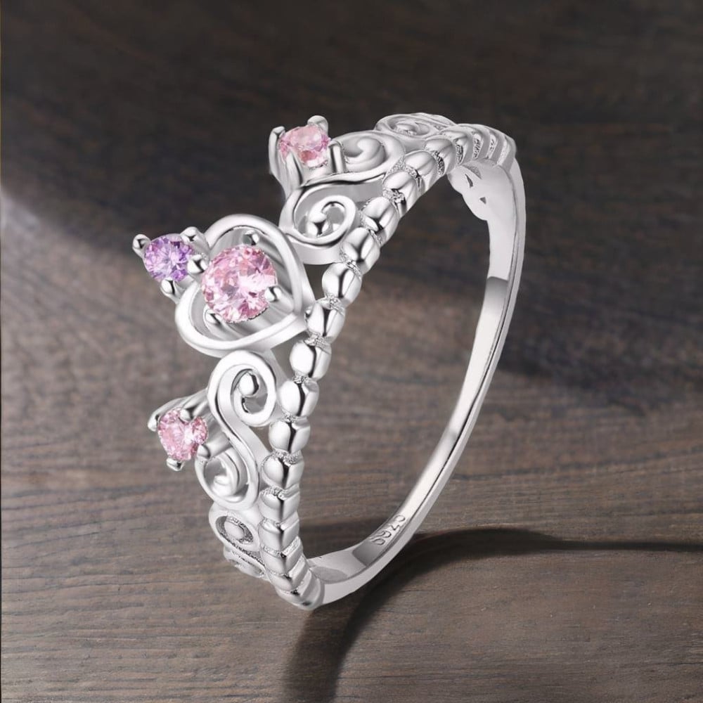 Rhodinierter Silberring mit rosa Zirkoniumkrone
