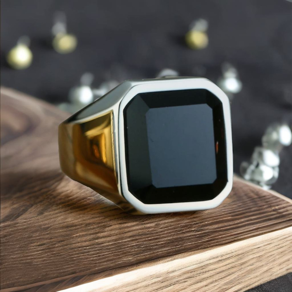 Customizable black onyx steel knight ring for men