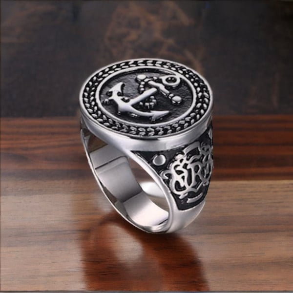 Anello da cavaliere in acciaio da uomo, ancora marina celtica vichinga