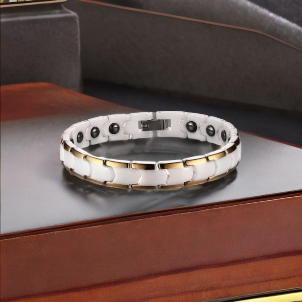 Bracciale da donna in ceramica bianca lucida con bordi dorati magnetici