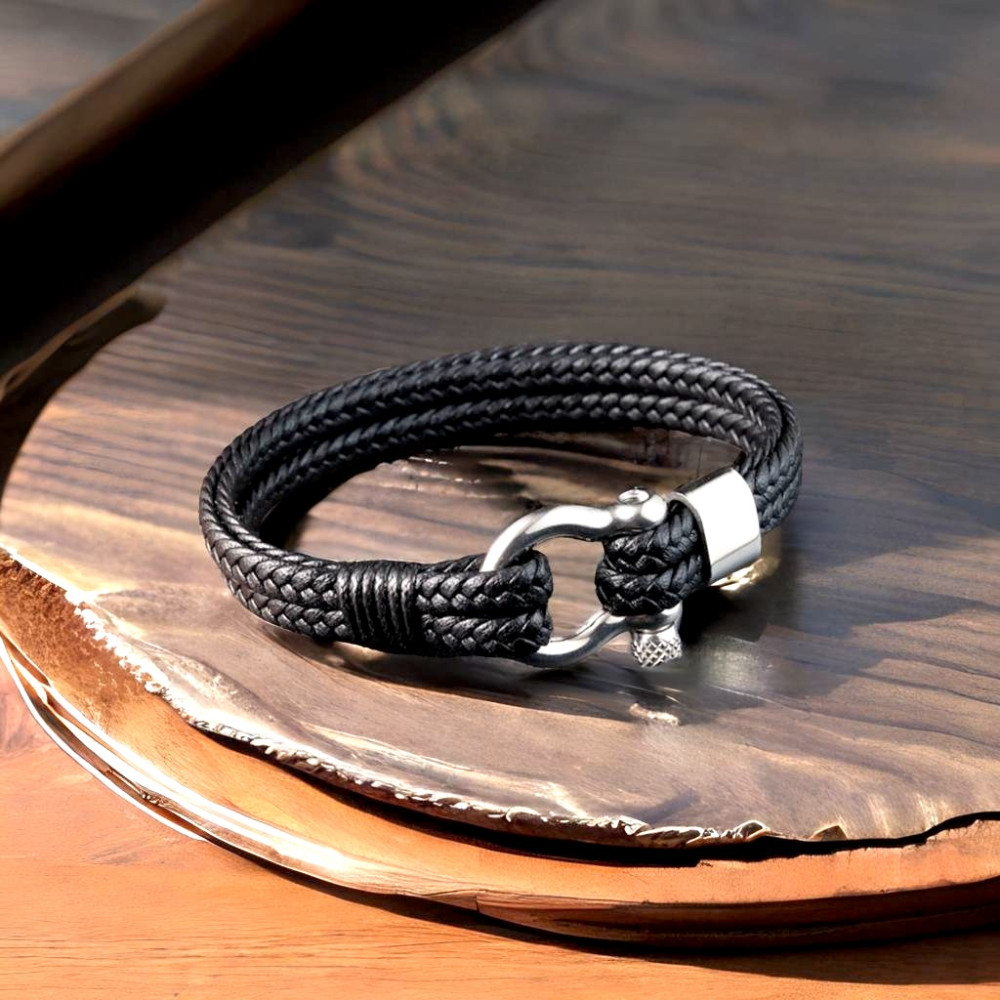 Bracelet homme cuir cordons noir fermoir manille marin acier