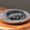 Bracelet homme cuir cordons noir fermoir manille marin acier