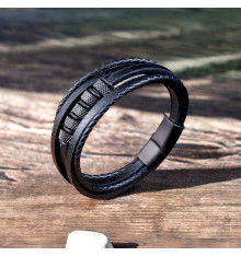 Bracciale da uomo in pelle con anelli multicavo in acciaio