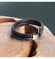 Bracelet homme double cordons cuir tresse fermoir magnetique