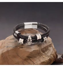 Men's Leather double cords Bracelet Stainless Steel Skull Balls