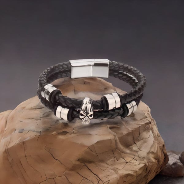 Bracciale da uomo in pelle nera doppio cordino con teschio e sfera in acciaio