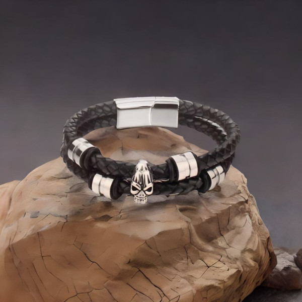 Herenarmband in zwart leer, dubbel koord, doodskop, doodskop, kogel, staal