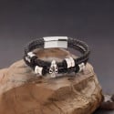 Herenarmband in zwart leer, dubbel koord, doodskop, doodskop, kogel, staal