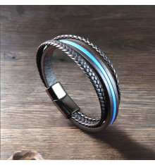 Bracelet homme cuir ligne bleue multi-rubans fermoir acier aimante