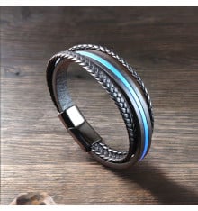 Men's Multi Cords Black Leather Bracelet Stainless Steel Clasp