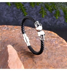 Men's Black Braided Leather Skull Bracelet