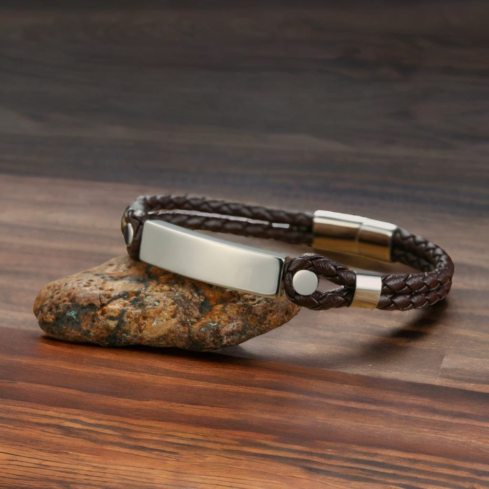 Gepersonaliseerde stalen pantserleren herenarmband met dubbel verstelbaar koord