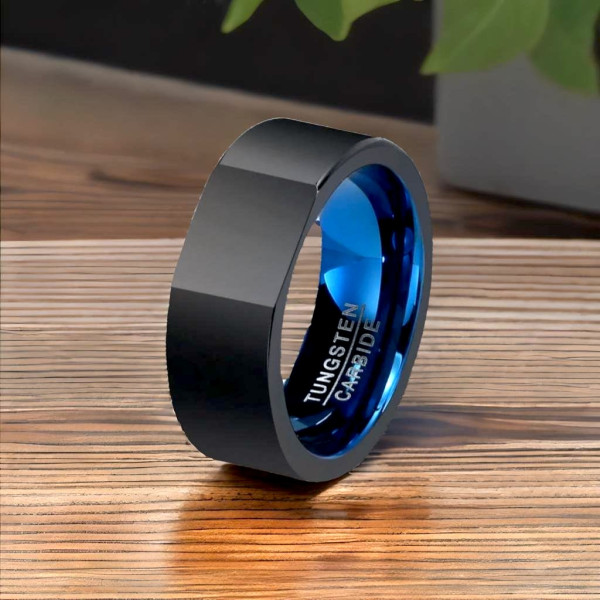 Bague homme anneau carbure tungstene noir bleu personnalisable 2149