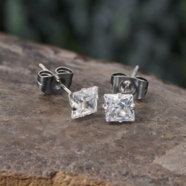 Boucles d'oreilles homme clous carres acier zirconium - paire