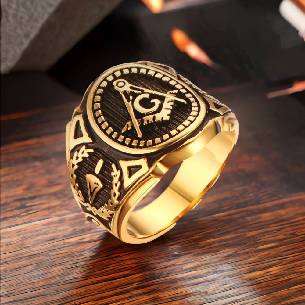 Bague homme Franc-maçonnerie acier plaque or