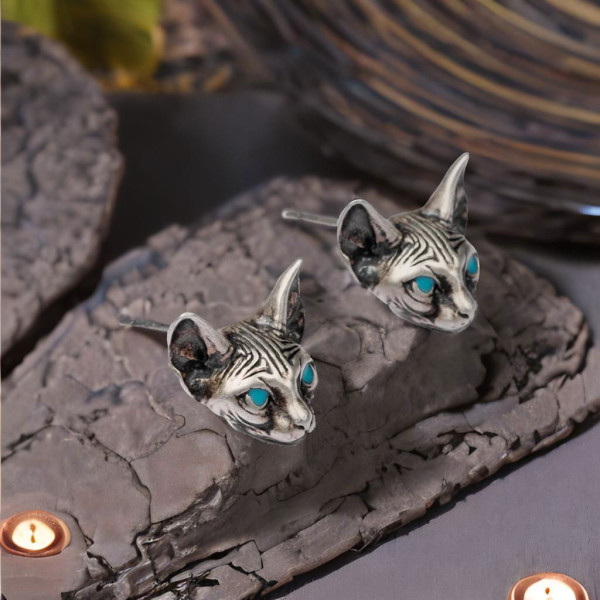Boucles d'oeilles homme clous chat argent