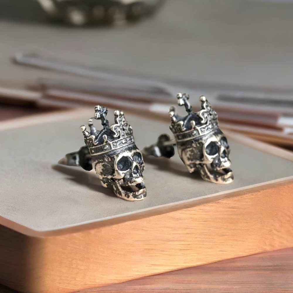 Boucle D'oreille Clou Crâne Punk - Argent Et Zircon Noir - Bijoux De Créateur