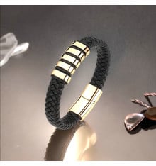 Men's leather bracelet with ring and magnetic steel clasp