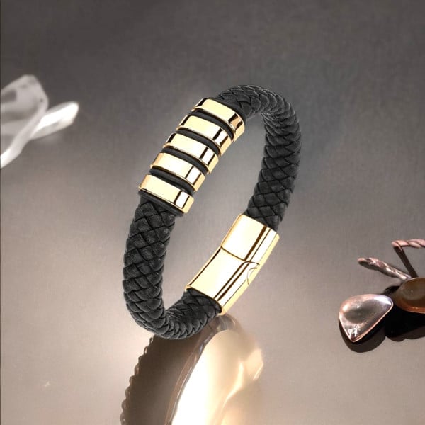 Bracciale da uomo in pelle con anello e chiusura magnetica in acciaio