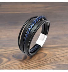 Bracelet homme cuir noir multi cordons fermoir acier aimante