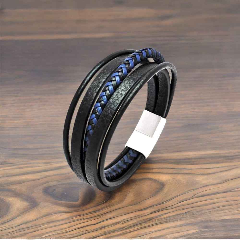 Bracelet homme cuir noir multi cordons fermoir acier aimante