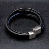 Bracelet homme cuir noir multi cordons fermoir acier aimante