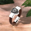 Bracelet homme cuir noir tete de lion acier