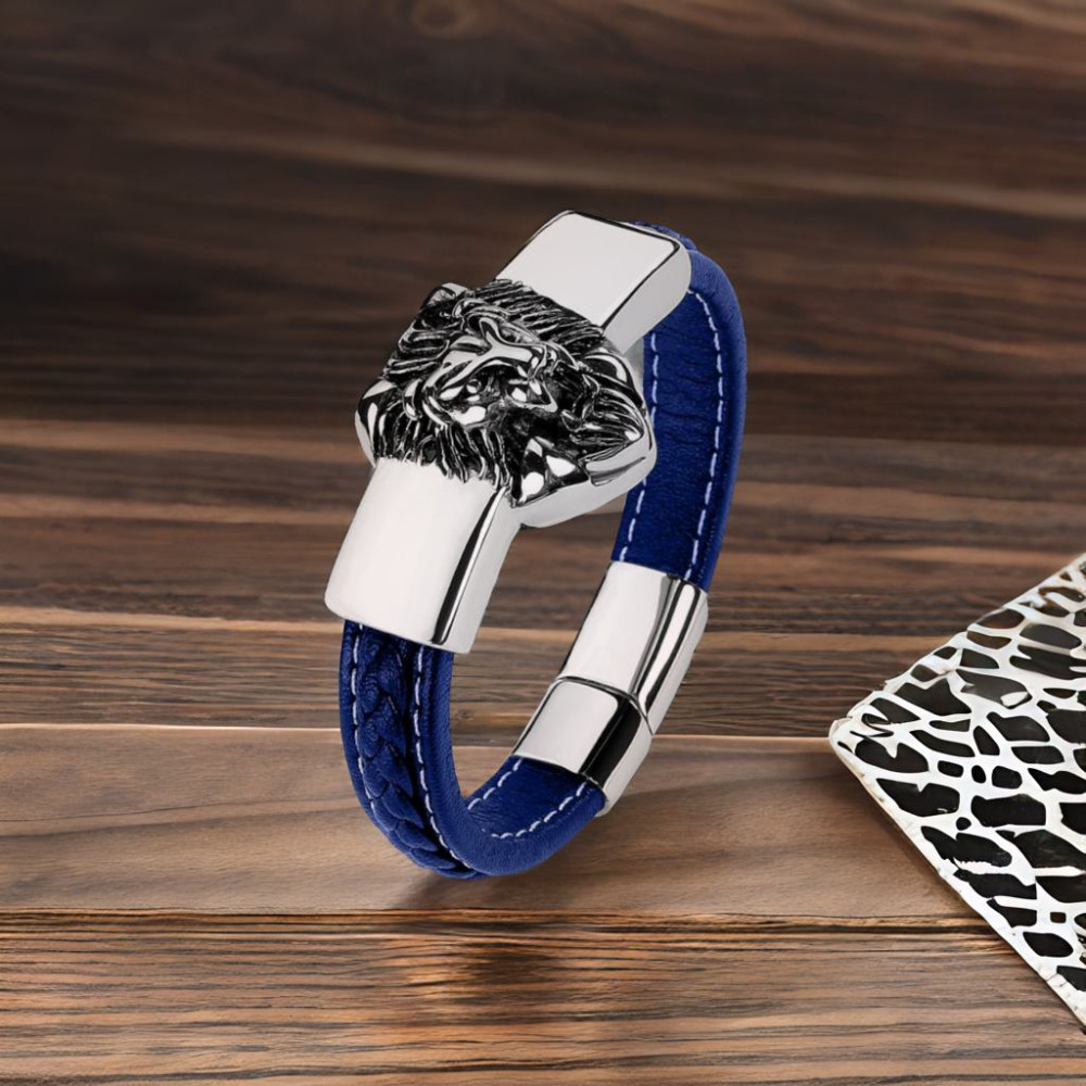 Bracelet homme cuir noir tete de lion acier