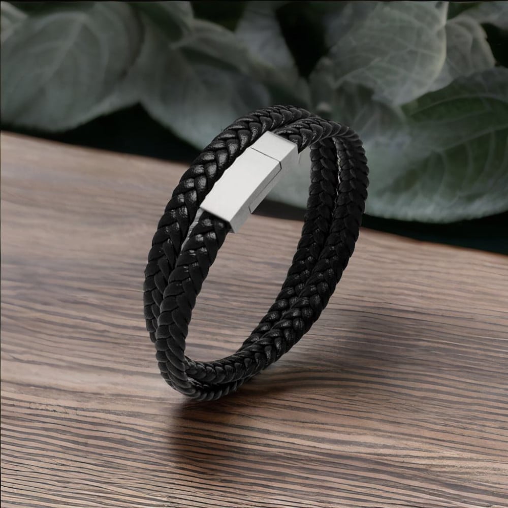 Herrenarmband aus geflochtenem Leder mit magnetischem Edelstahlverschluss