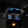 Customizable Men's Tungsten Ring with Central Groove and Blue Line