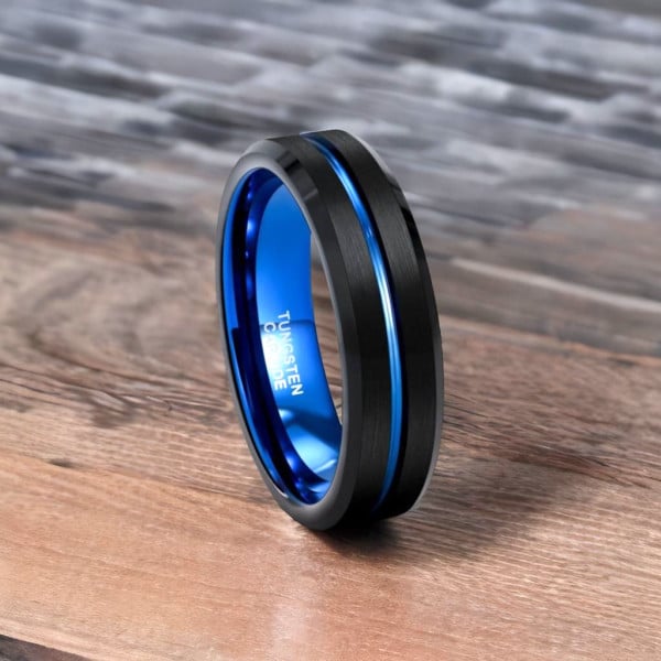 Anello da Uomo in Tungsteno Personalizzabile con Scanalatura Centrale e Linea Blu