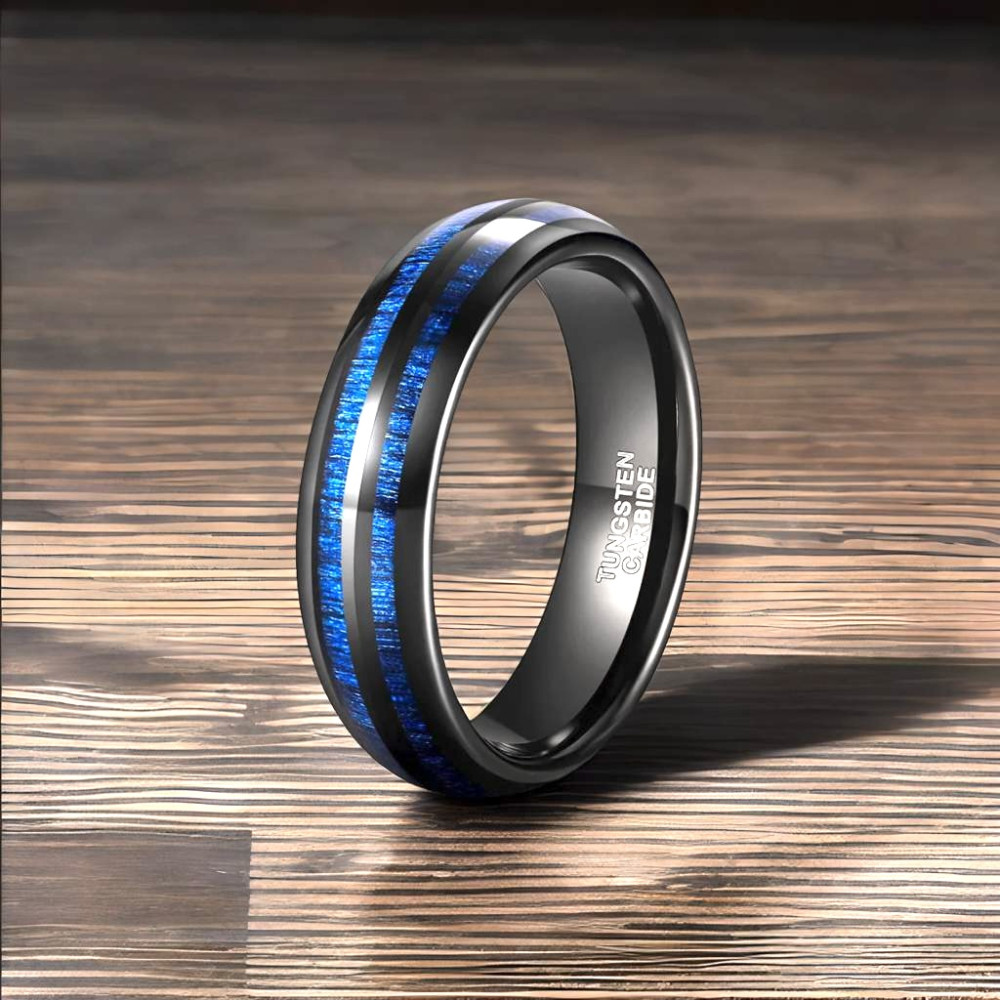 Anello di Nozze Personalizzato in Tungsteno Nero con Linee di Legno Blu
