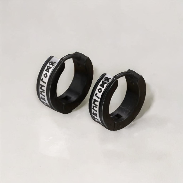 Boucles d'oreilles homme acier noir motif runes vikings - paire