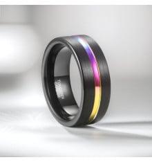 Bague personnalisee homme anneau tungstene brosse ligne arc en ciel